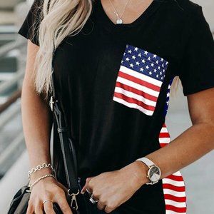 Black V-Neck Top with American Flag Accents